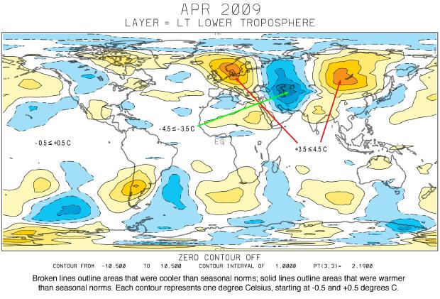 April 2009 warming map contour represents one degree Celsius